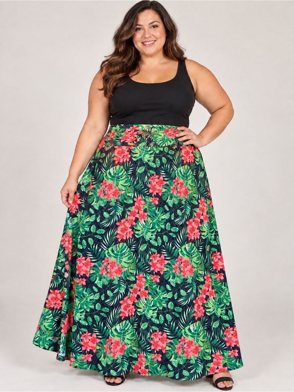 LulaRoe Maxi Floral A-Line Skirt in Navy with Pink & Green Print
